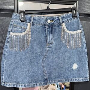 Denim Mini Skirt with Rhinestone Fringe - Blue